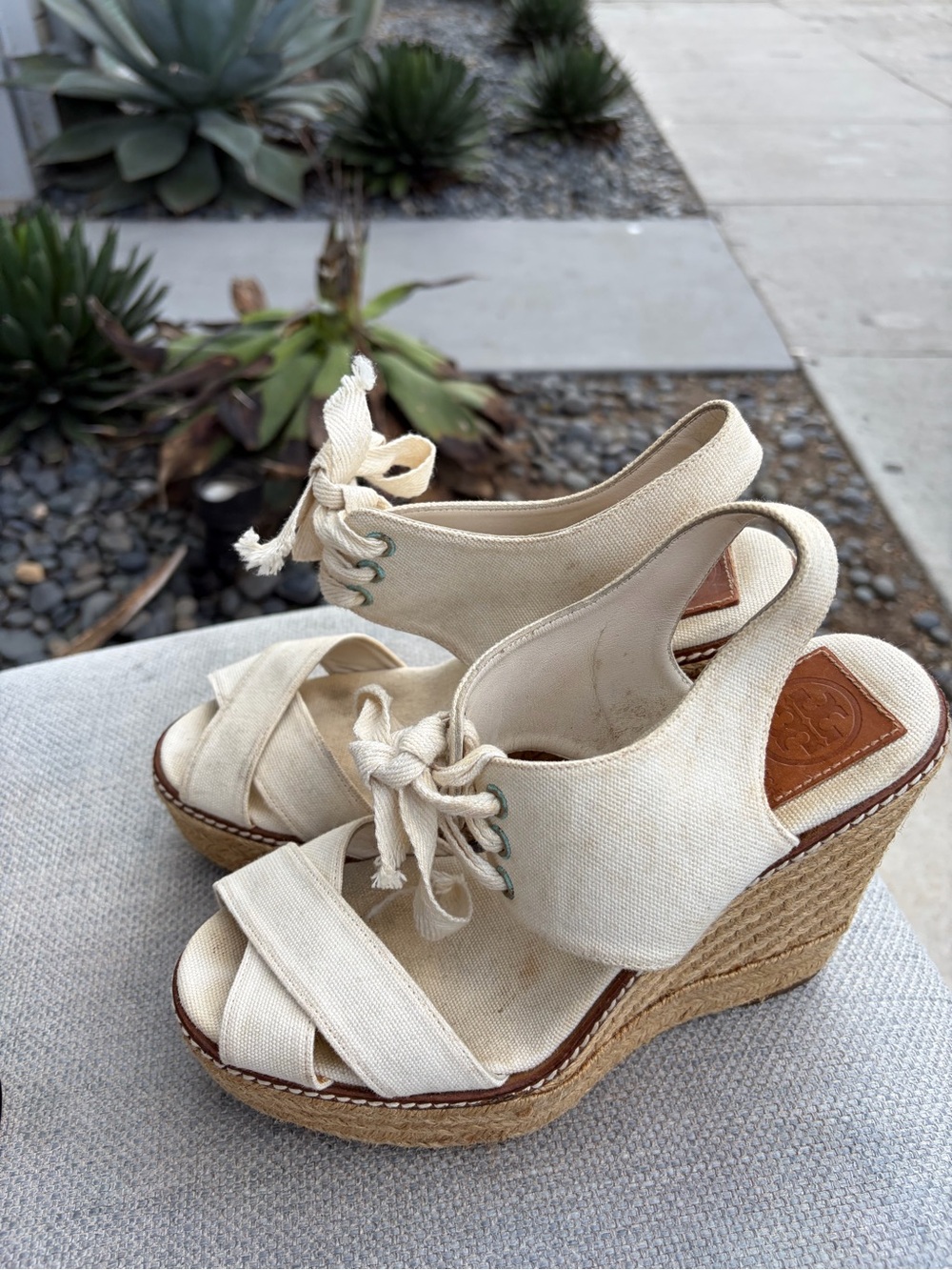 Tory Burch Cream Canvas Espadrille Wedge Sandals Size 8